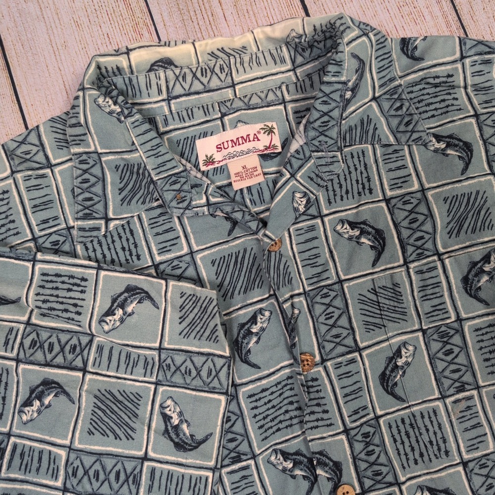 Vintage Summa Fish Print Button Up‎ Short Sleeve Hawaiian Shirt XL